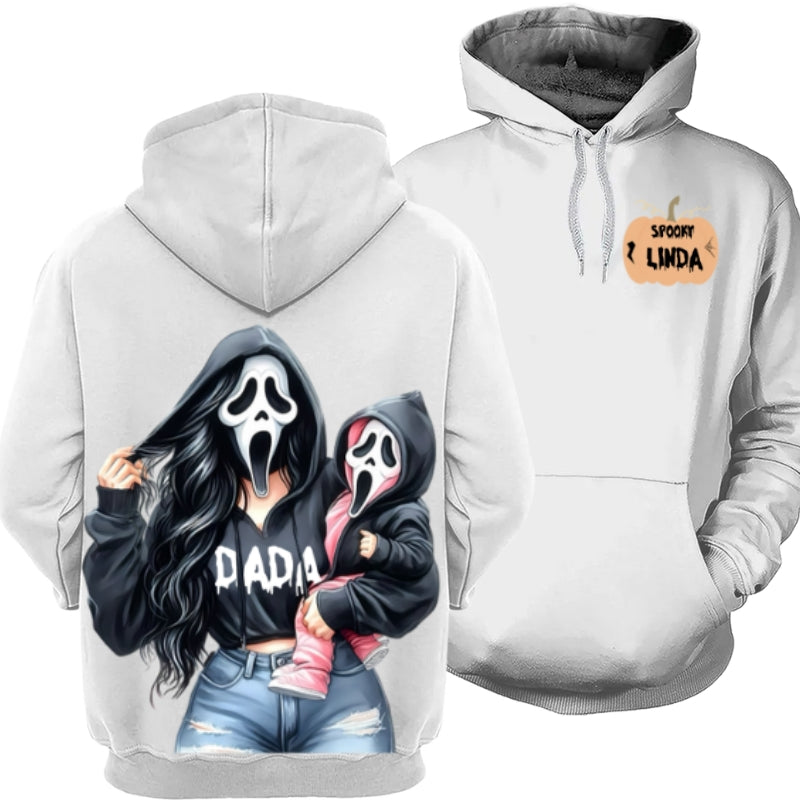 Custom Spooky Mama Hoodie – Personalized Ghost Face Halloween Sweatshirt with Name