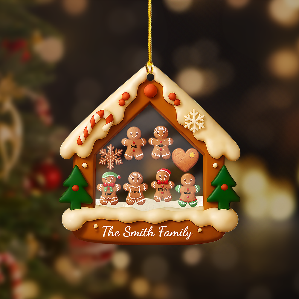 Custom Family Gingerbread House Ornament with Trees – Personalized Christmas Keepsake Acrylic Shaker Ornament