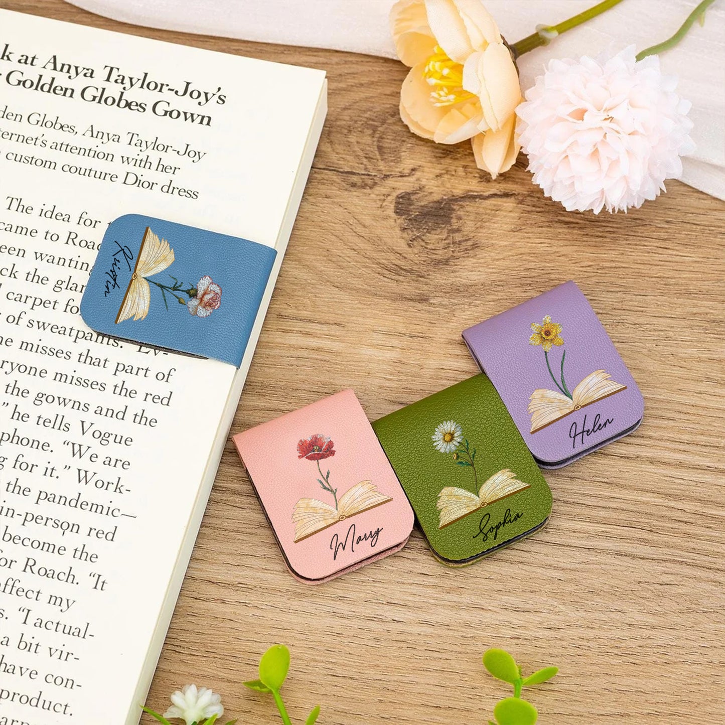 Leather Magnetic Bookmark – Personalized Custom Name & Flower Design for Book Lovers, Teachers, and Readers