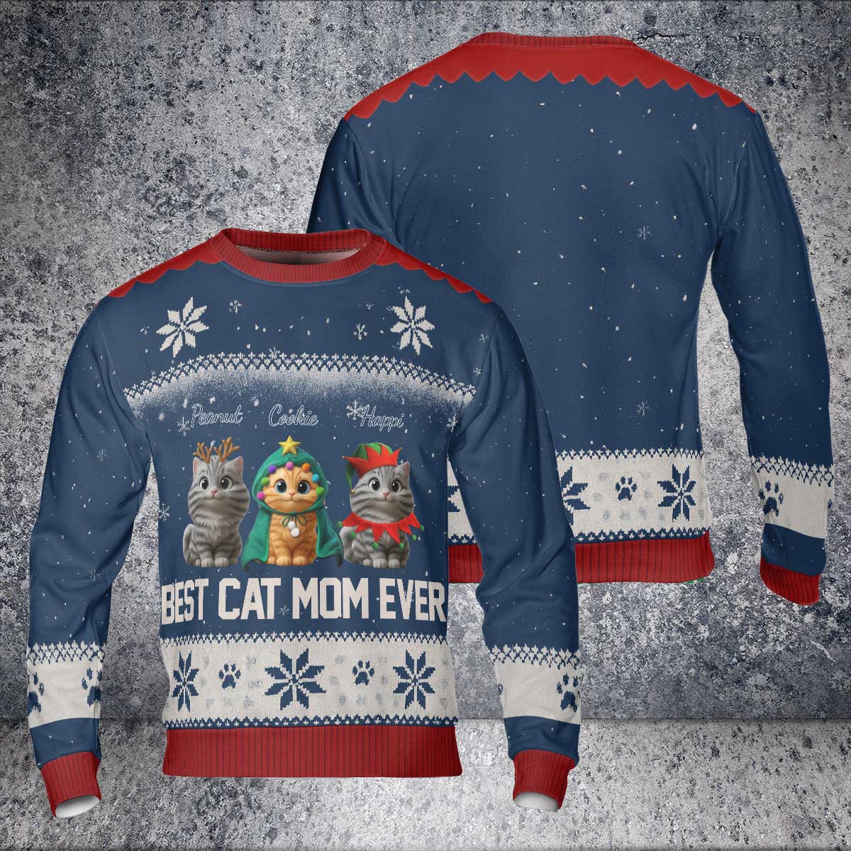Custom Cat Mom Christmas Sweater – “Best Cat Mom Ever” - Personalized Cat Images, Names & Colors , Cozy Holiday Knit Pullover