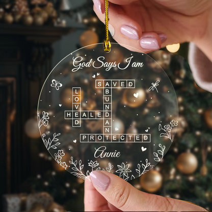 God Says I Am Crossword Acrylic Ornament – Personalized Christian Christmas Ornament with Custom Name, Faith-Inspired Gift for Her, Family & Friends