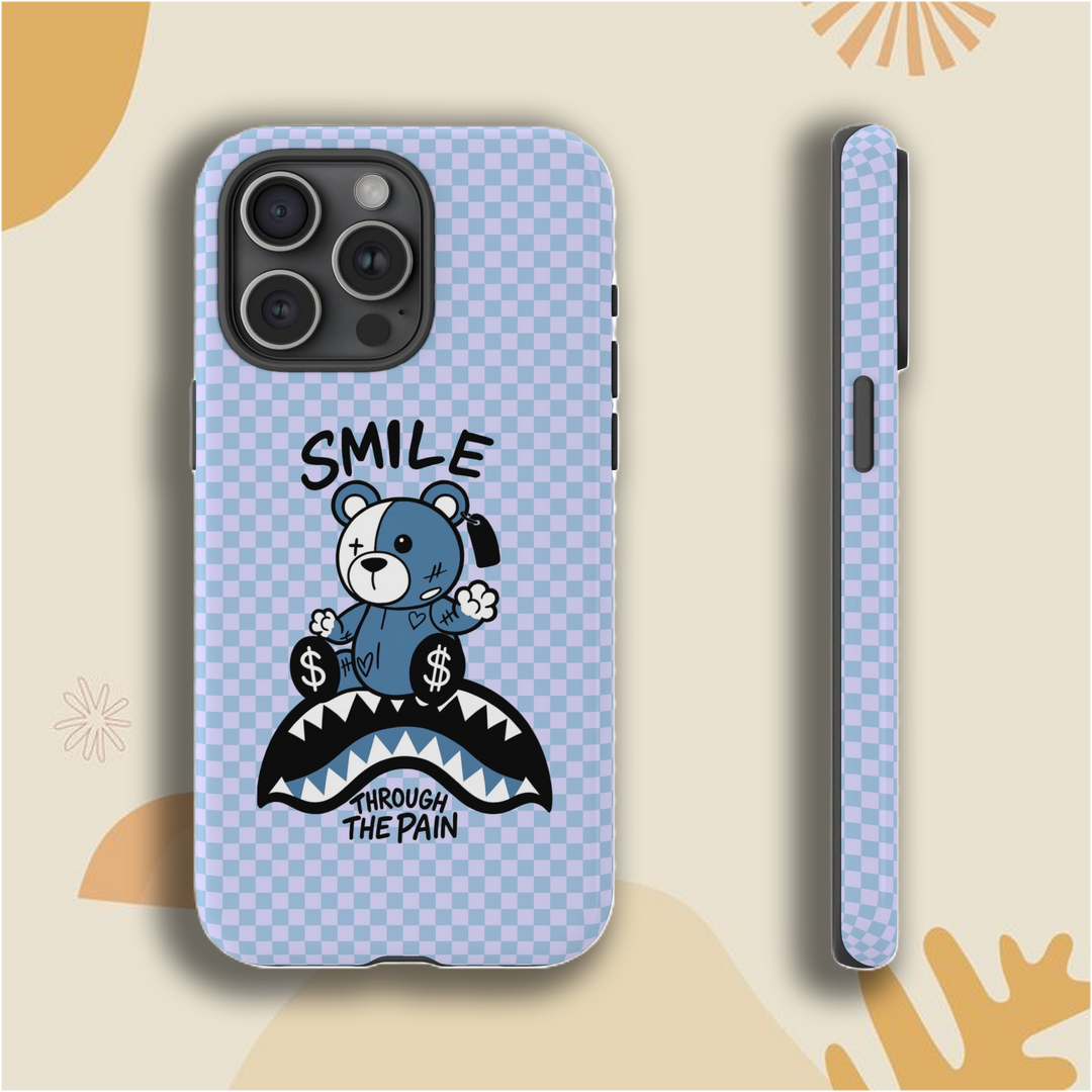 🧸 Smile Bear Phone Case – Blueberry Blue, Lilac Purple & Retro Khaki – Soft Matte Finish