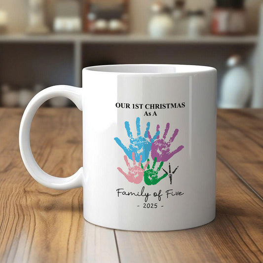 First Christmas As A Family Of Four Handprints - Personalized Mug White & Black
