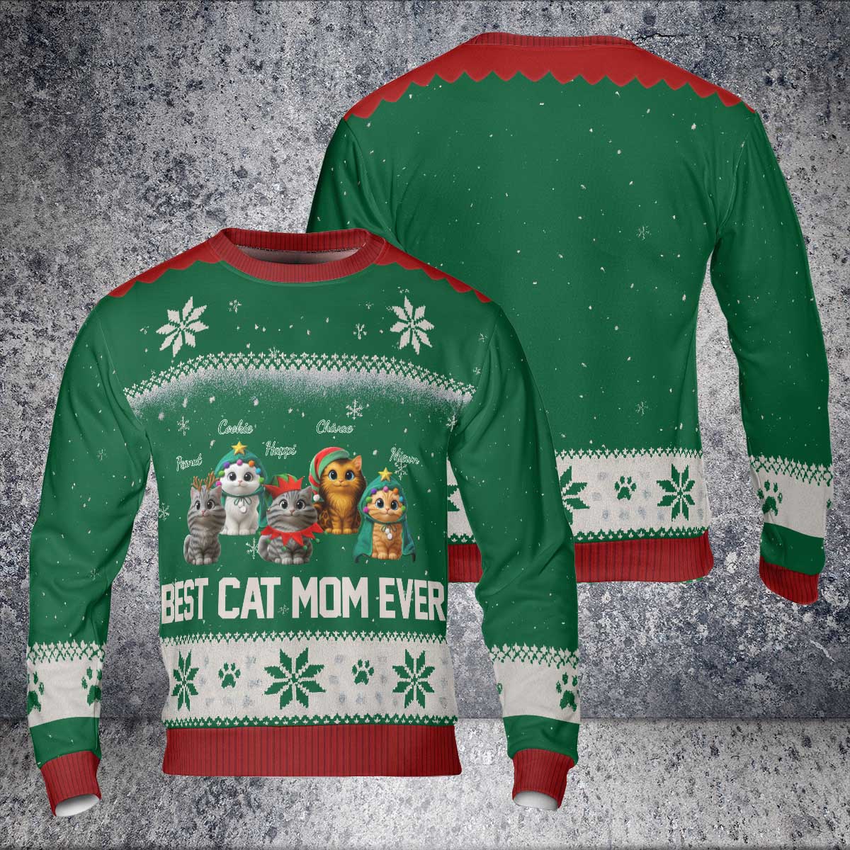 Custom Cat Mom Christmas Sweater – “Best Cat Mom Ever” - Personalized Cat Images, Names & Colors , Cozy Holiday Knit Pullover