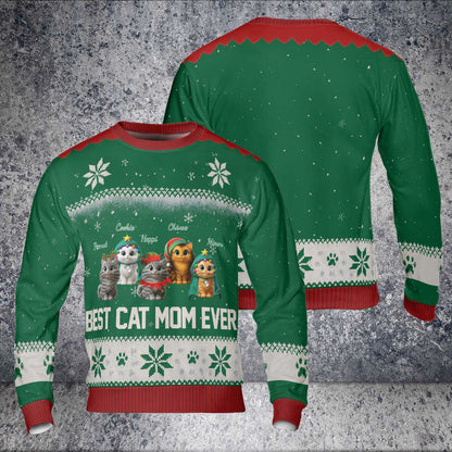 Custom Cat Mom Christmas Sweater – “Best Cat Mom Ever” - Personalized Cat Images, Names & Colors , Cozy Holiday Knit Pullover