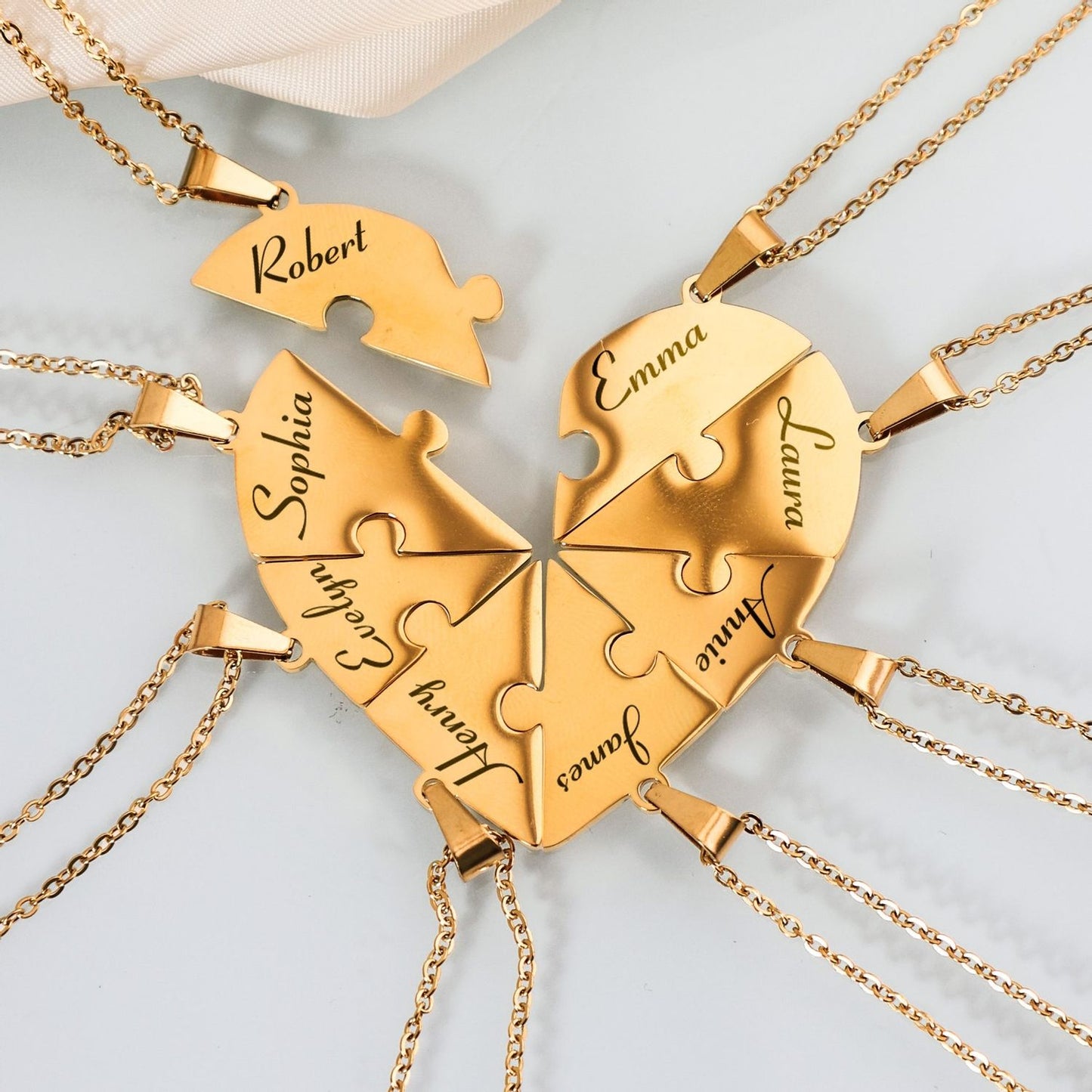 Family & Friendship Heart Puzzle Necklace – Personalized Name Pendant Set