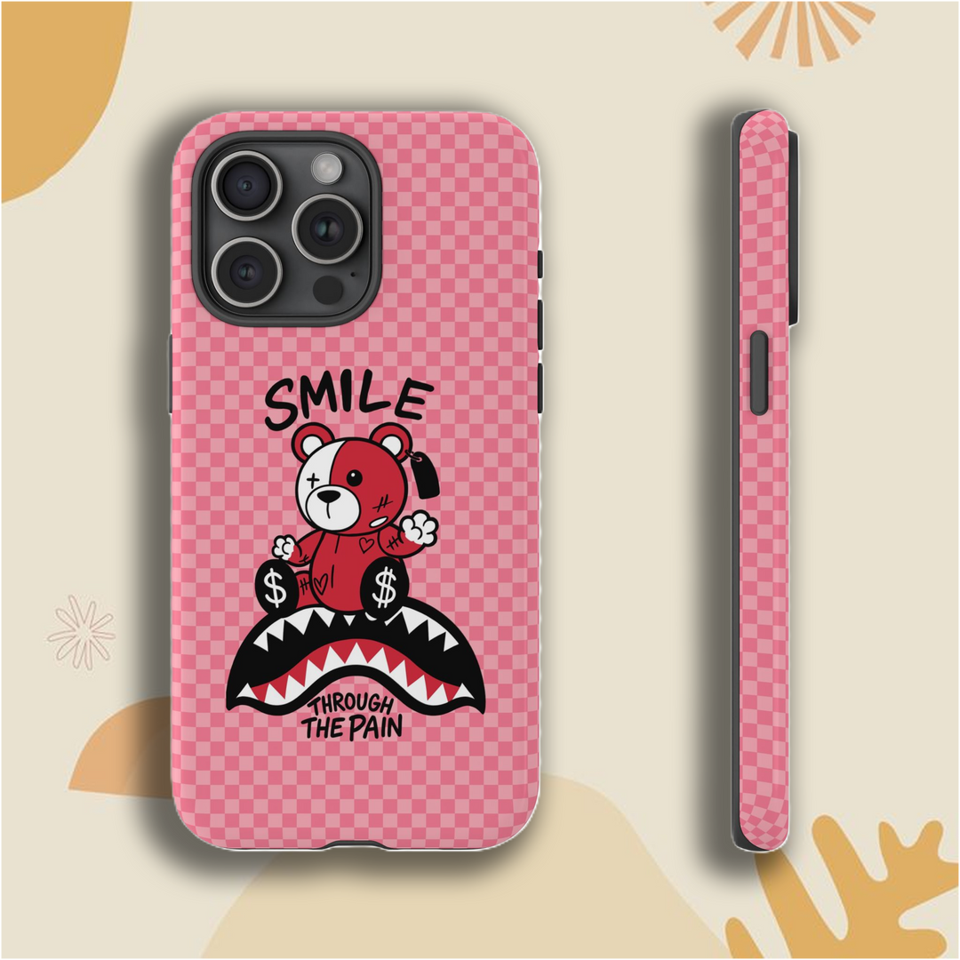 Smile Through The Pain Bear Case – Available in Cherry Red, Dusty Pink & Grape Purple | Checkered Soft Matte Finish