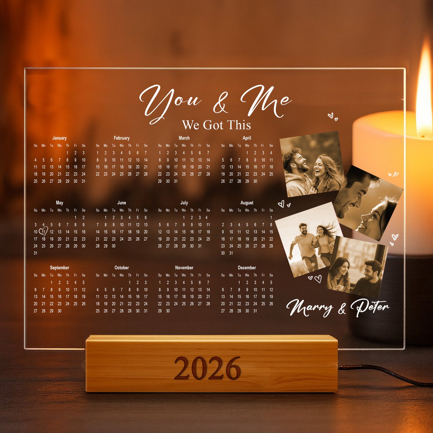 Custom LED Acrylic Calendar Lamp 2026 – “I Love You” Couple Version – Personalized Anniversary Gift with Photos & Names