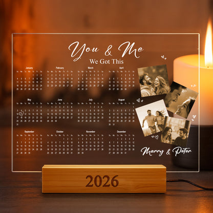 Custom LED Acrylic Calendar Lamp 2026 – “I Love You” Couple Version – Personalized Anniversary Gift with Photos & Names
