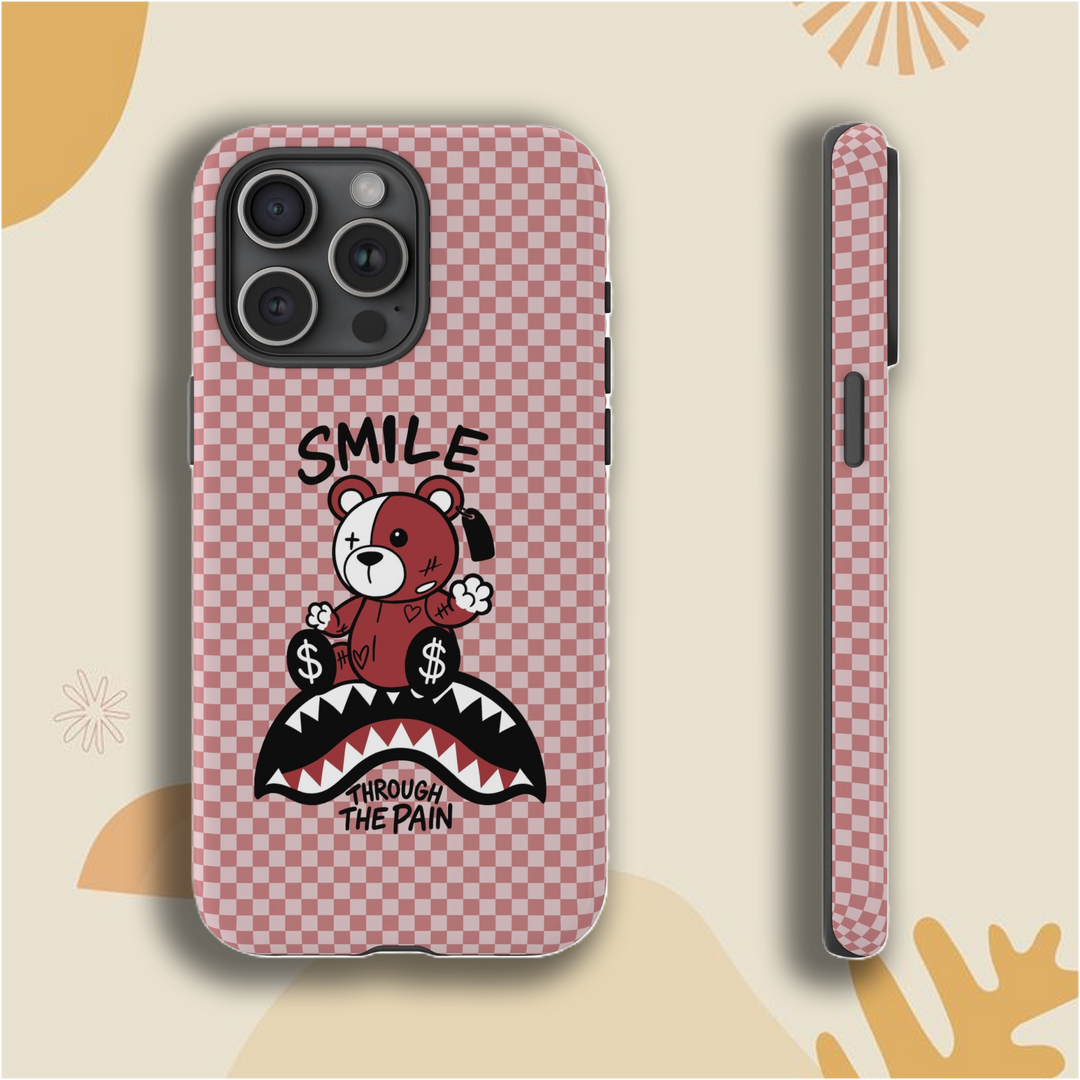 Smile Through The Pain Bear Case – Available in Cherry Red, Dusty Pink & Grape Purple | Checkered Soft Matte Finish
