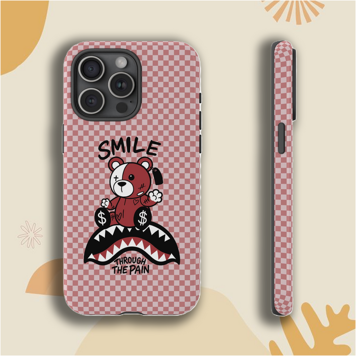 Smile Through The Pain Bear Case – Available in Cherry Red, Dusty Pink & Grape Purple | Checkered Soft Matte Finish