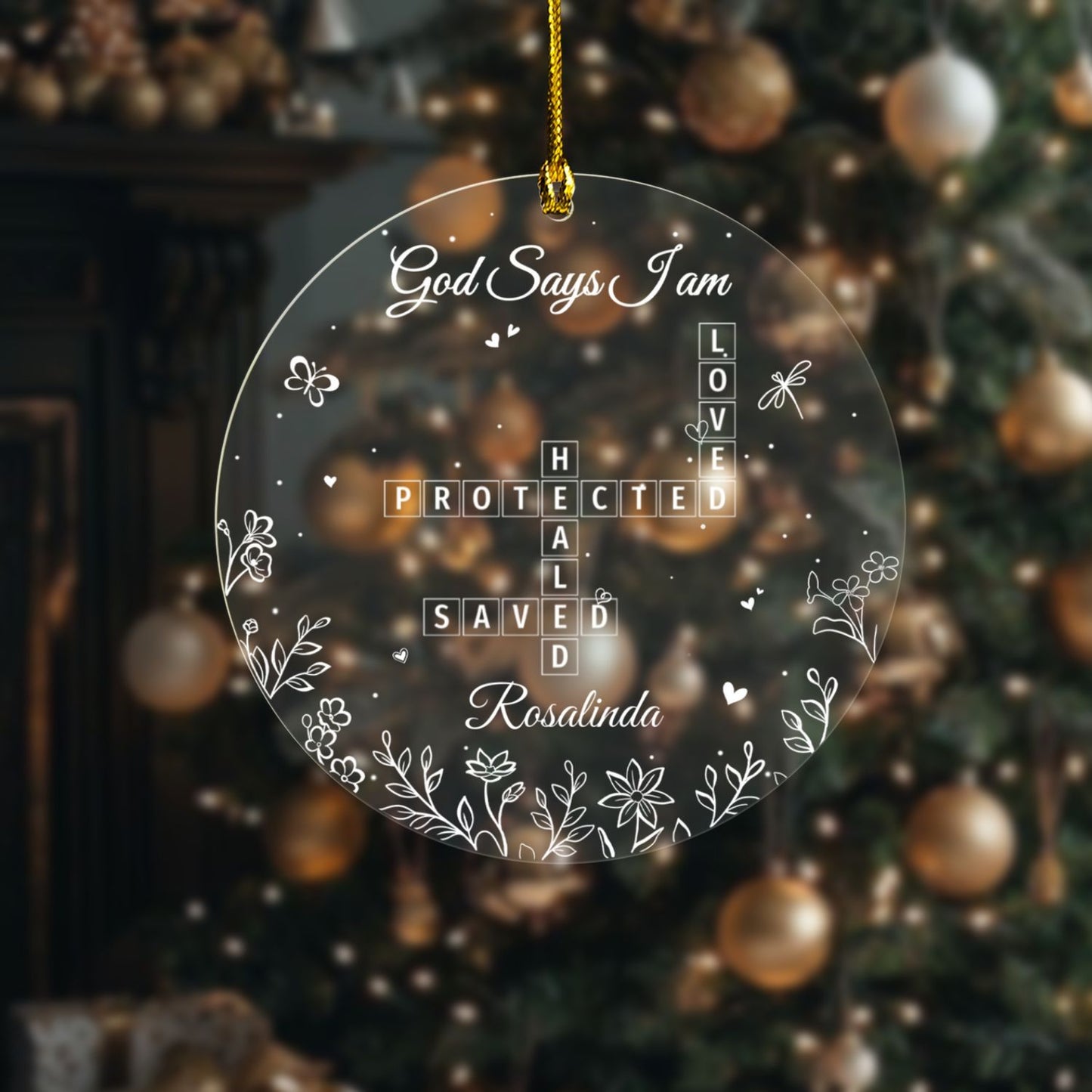 God Says I Am Crossword Acrylic Ornament – Personalized Christian Christmas Ornament with Custom Name, Faith-Inspired Gift for Her, Family & Friends