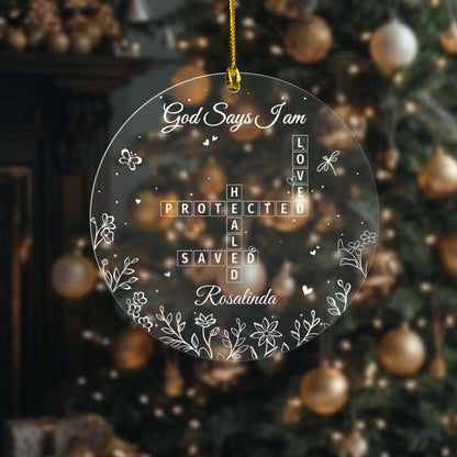 God Says I Am Crossword Acrylic Ornament – Personalized Christian Christmas Ornament with Custom Name, Faith-Inspired Gift for Her, Family & Friends