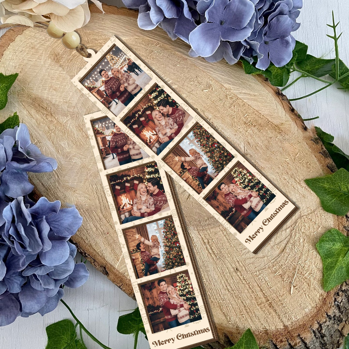 Custom Wooden Photo Ornament with Beads – Personalized Christmas Keepsake Gift for Family, Friends or Couples