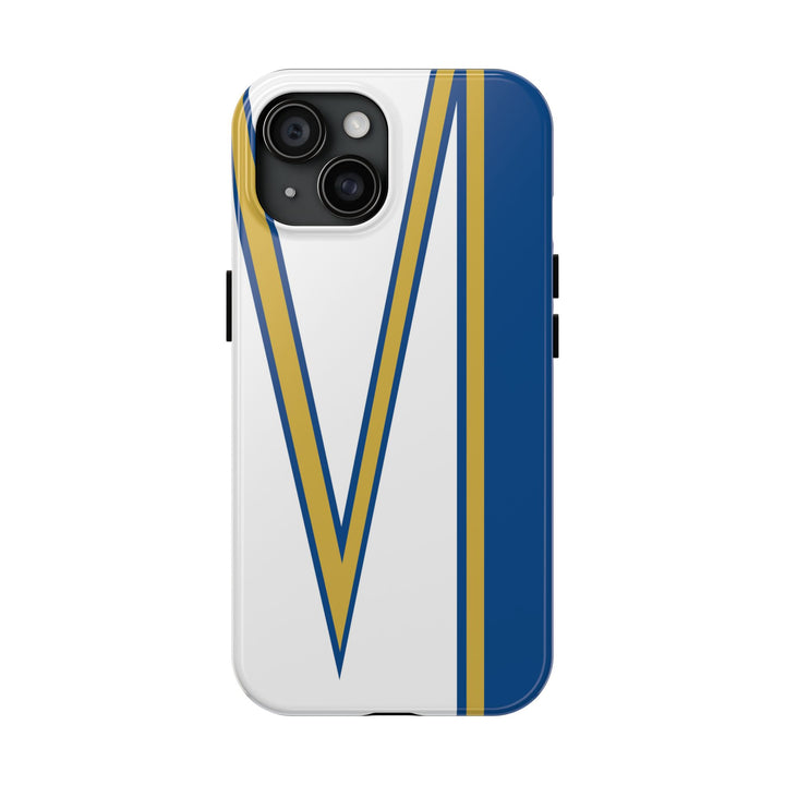 Marvelous V Phone Case – Luxe Blue & Gold Stripe, Glossy Finish, Bold Minimalist Look Inspired by “The Marvels” Vibe From iPhone 16 15 14 13 12 11 X Pro Max Plus Samsung Galaxy S24.99 S24 S23 S22 S21 Ultra Plus
