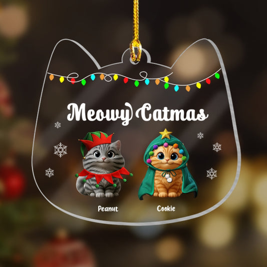 Custom Cat Christmas Ornament – Personalized "Meowy Catmas" Decoration with Pet Names
