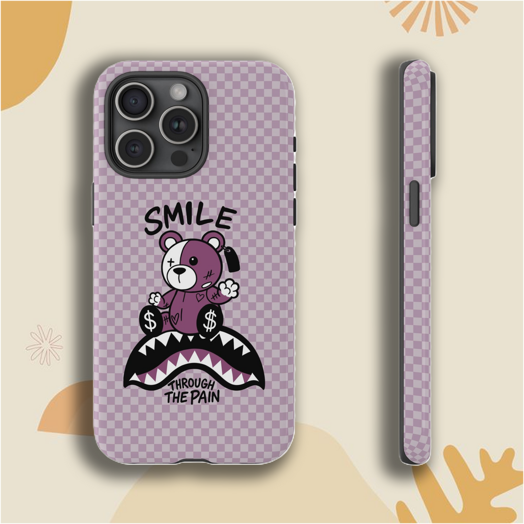 Smile Through The Pain Bear Case – Available in Cherry Red, Dusty Pink & Grape Purple | Checkered Soft Matte Finish