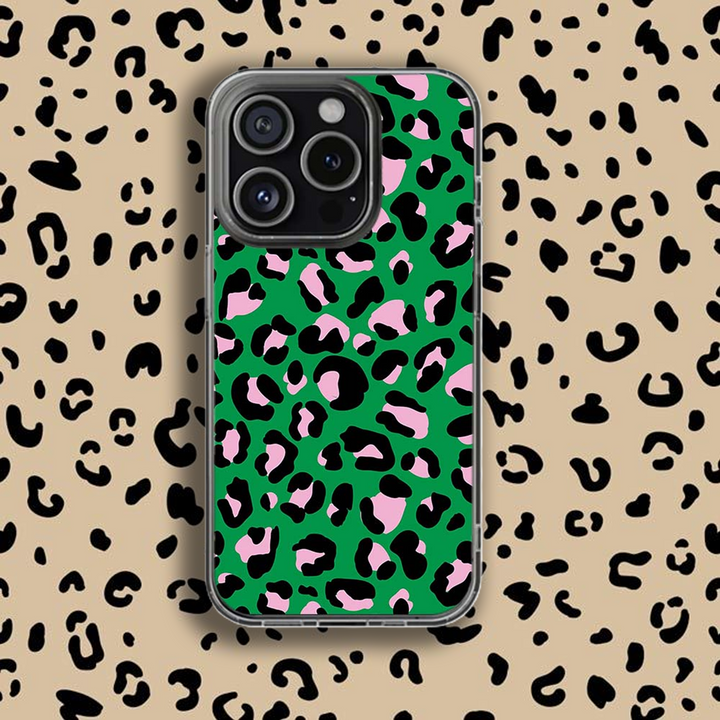 Leopard Print Phone Case Collection – Pastel Purple, Rainbow Gradient & Green with Pink Accents