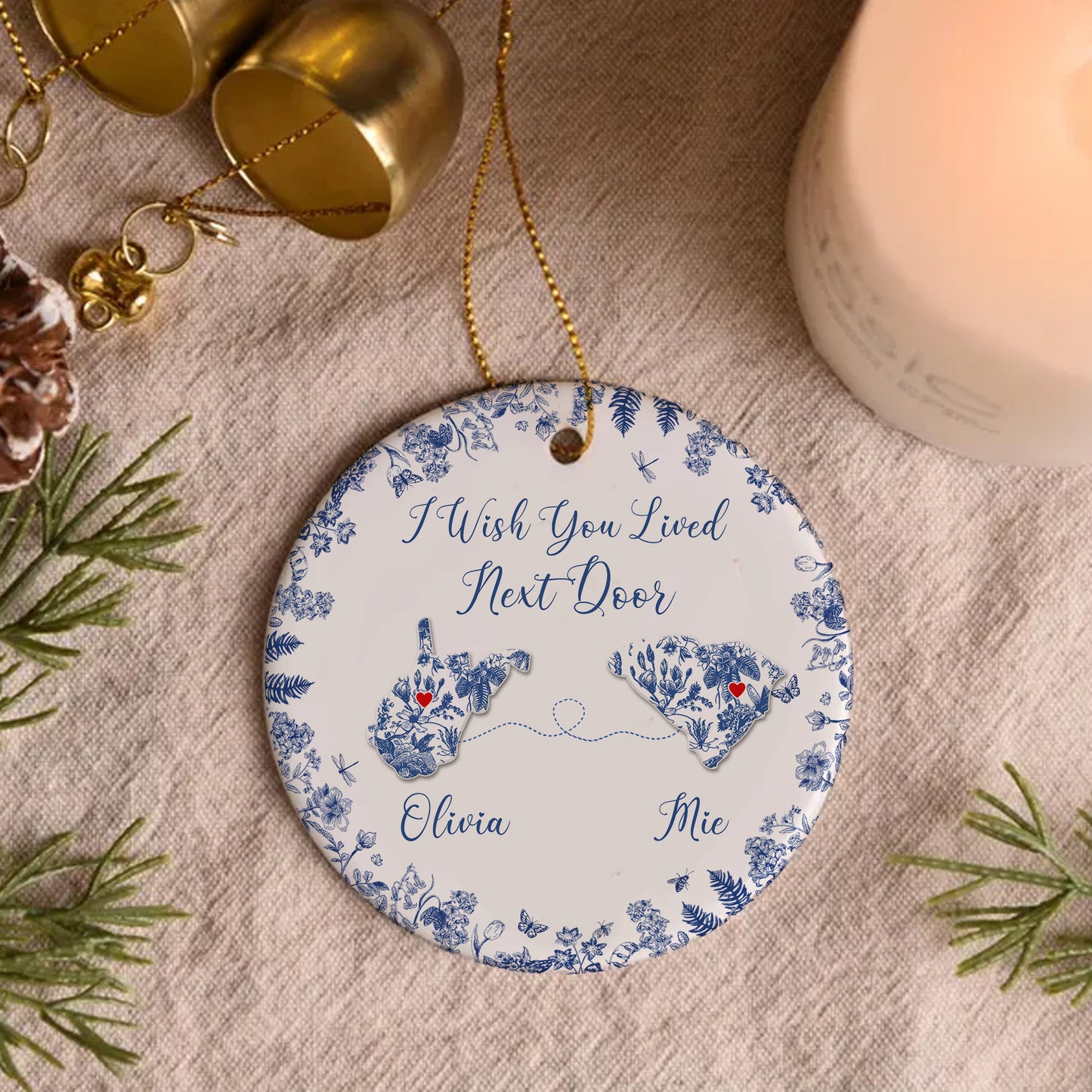 Custom Long-Distance State Ornament – Personalized Map Ornament with Names – Friendship or Family Christmas Gift