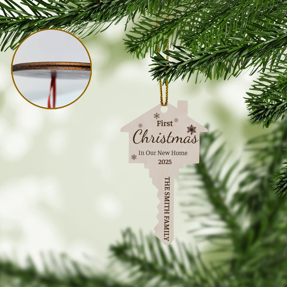 Custom Wooden House Key Ornament – First Christmas in Our New Home 2025 Keepsake