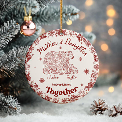 Custom Bear Toile de Jouy Ceramic Ornament – Personalized Circle Ceramic Gift for Mom & Daughter/Son, Forever Linked Together
