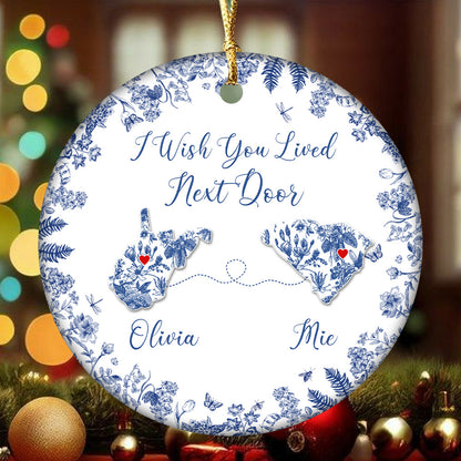 Custom Long-Distance State Ornament – Personalized Map Ornament with Names – Friendship or Family Christmas Gift