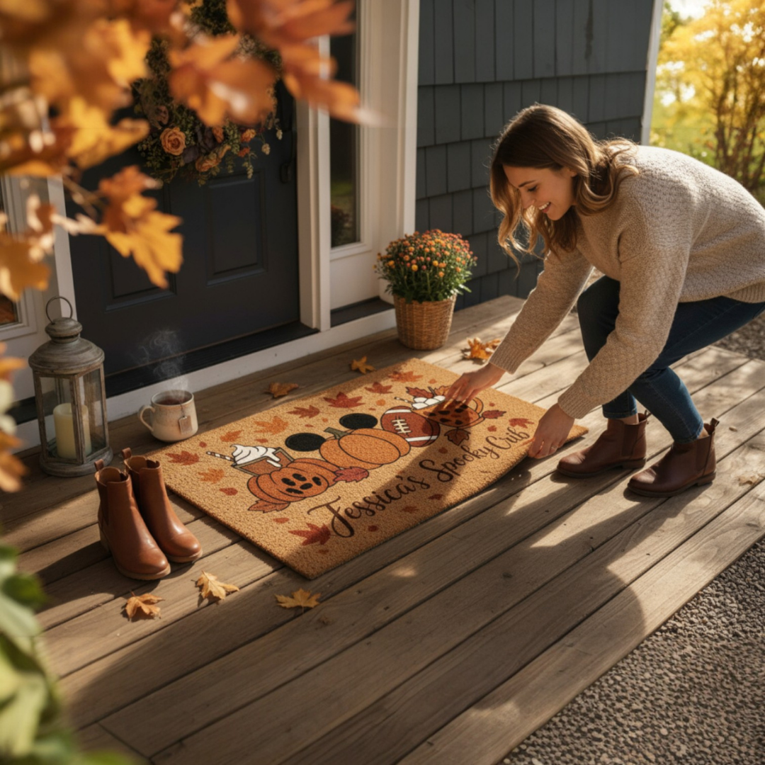 Personalized Halloween Coir Doormat – Pumpkins, Football & Pumpkin Spice Latte | Autumn Porch & Entryway Welcome Mat