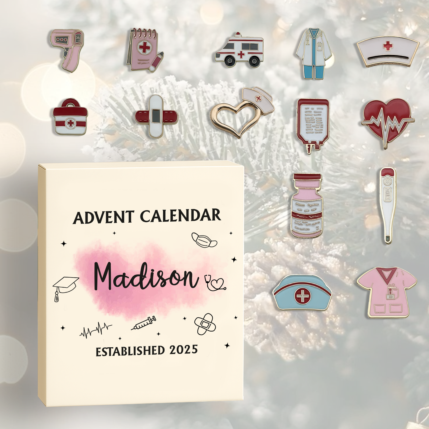 Nurse Advent Calendar - Personalized Name, Year, Color Theme & Medical Charm Selection , Custom Gift for Nurses, Doctors & Healthcare Students 2025