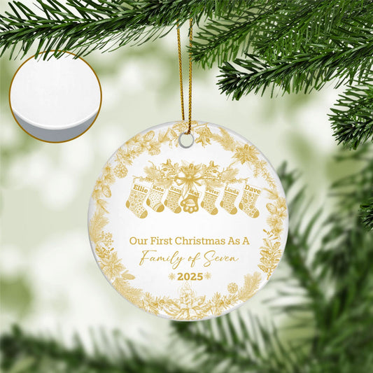 Custom Toile de Jouy Ceramic Ornament – Personalized Socks Ornament for Parents or Couples with up to 5 Kids/Pets