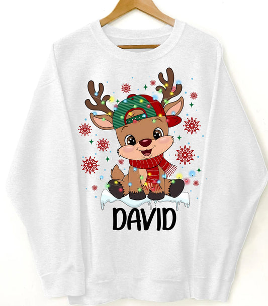 Christmas Boy & Girl with Bow or Cap - Personalized Sweatshirt with Reindeer 