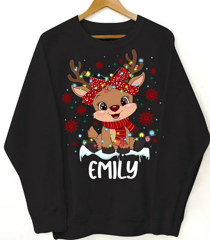Christmas Boy & Girl with Bow or Cap - Personalized Sweatshirt with Reindeer 