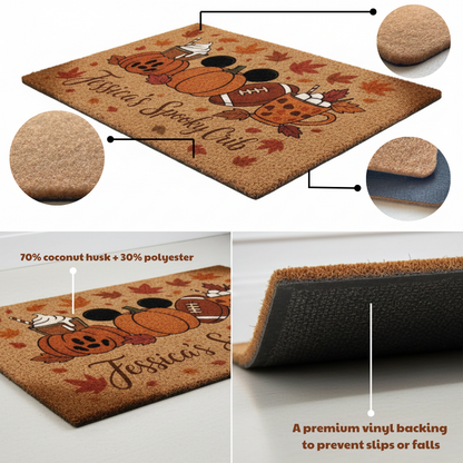 Personalized Halloween Coir Doormat – Pumpkins, Football & Pumpkin Spice Latte | Autumn Porch & Entryway Welcome Mat