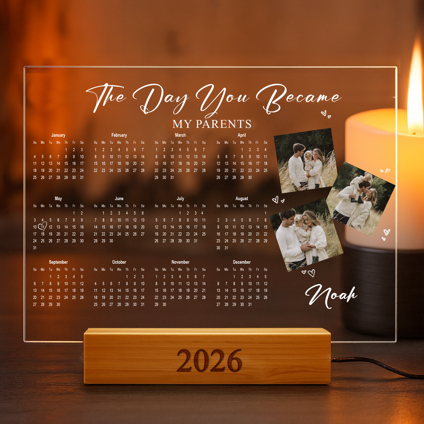 Custom LED Acrylic 2026 Calendar Lamp – Personalized Gift for Parents & Newborns, Photo Night Light for Family - The Day You Became My Parents