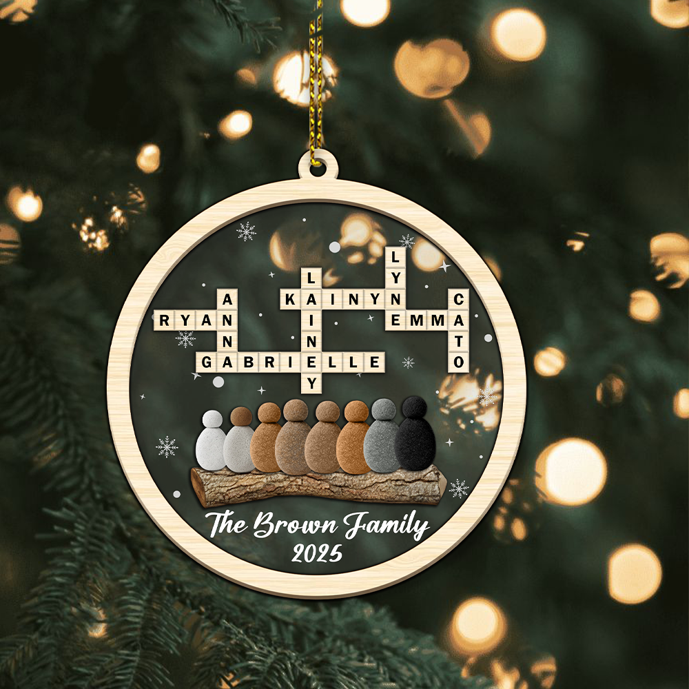 Custom 2-Layer Acrylic Family Crossword Ornament – Personalized Christmas Decoration with Pebble Family Design & Names