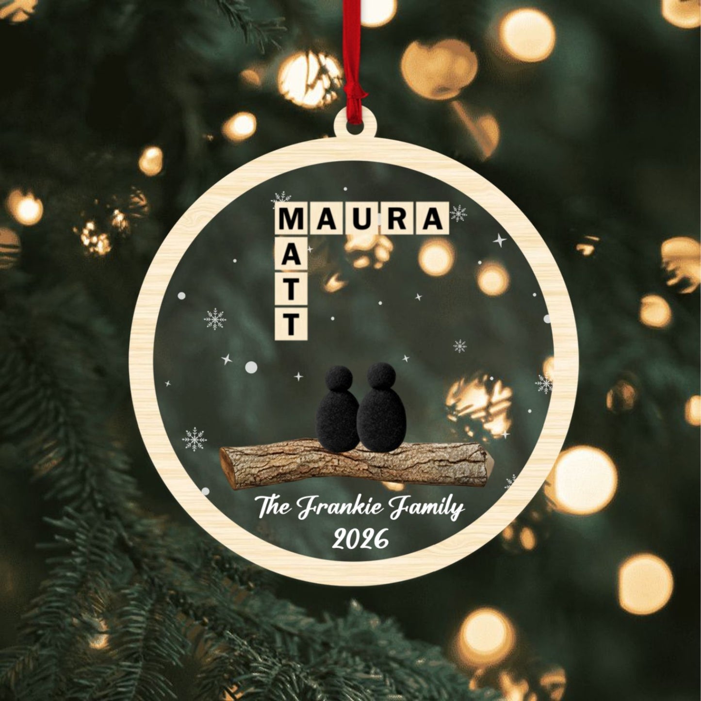 Custom 2-Layer Acrylic Family Crossword Ornament – Personalized Christmas Decoration with Pebble Family Design & Names