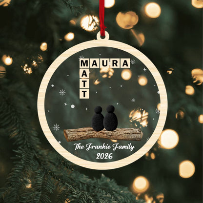 Custom 2-Layer Acrylic Family Crossword Ornament – Personalized Christmas Decoration with Pebble Family Design & Names