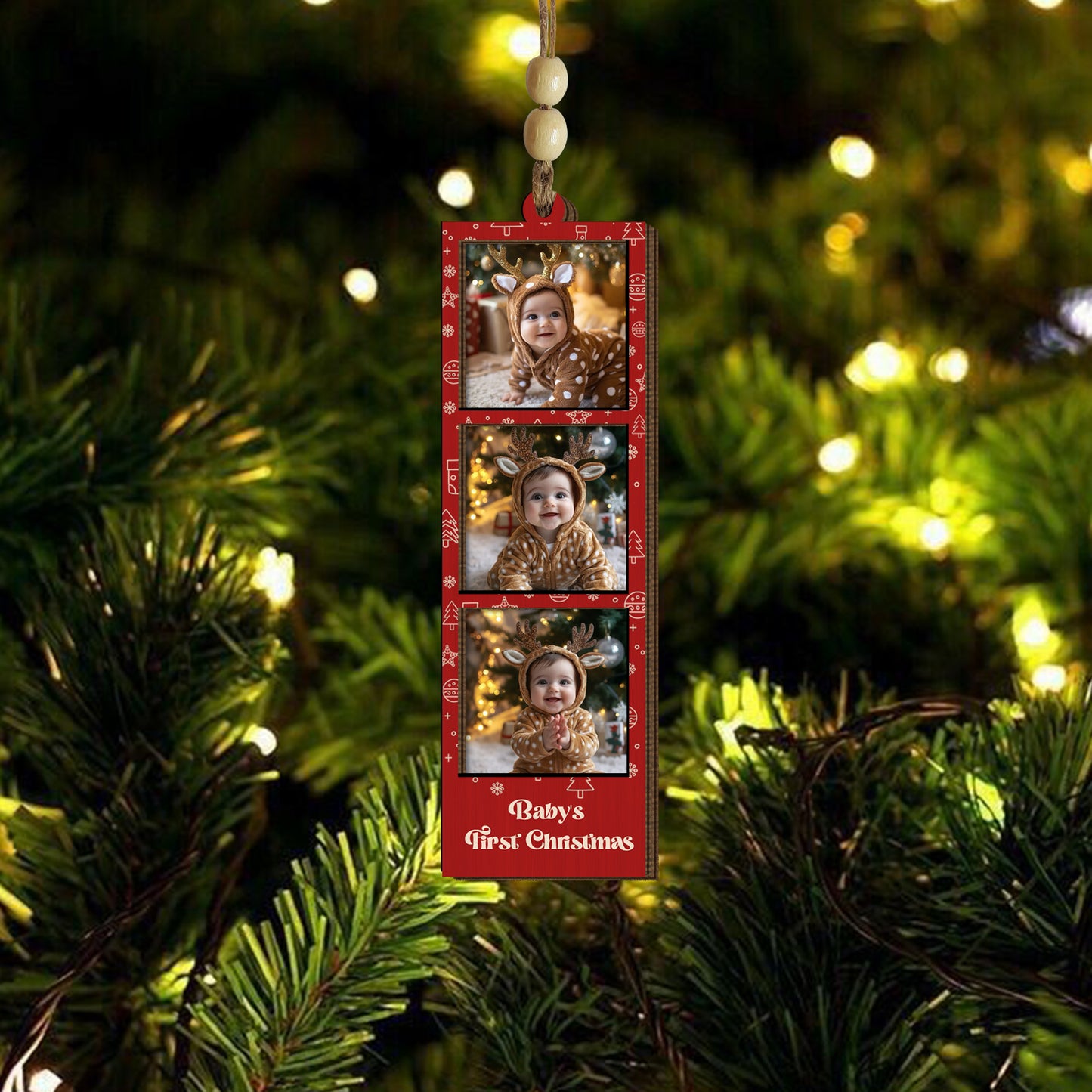 Custom Wooden Photo Ornament with Beads – Personalized Christmas Keepsake Gift for Family, Friends or Couples