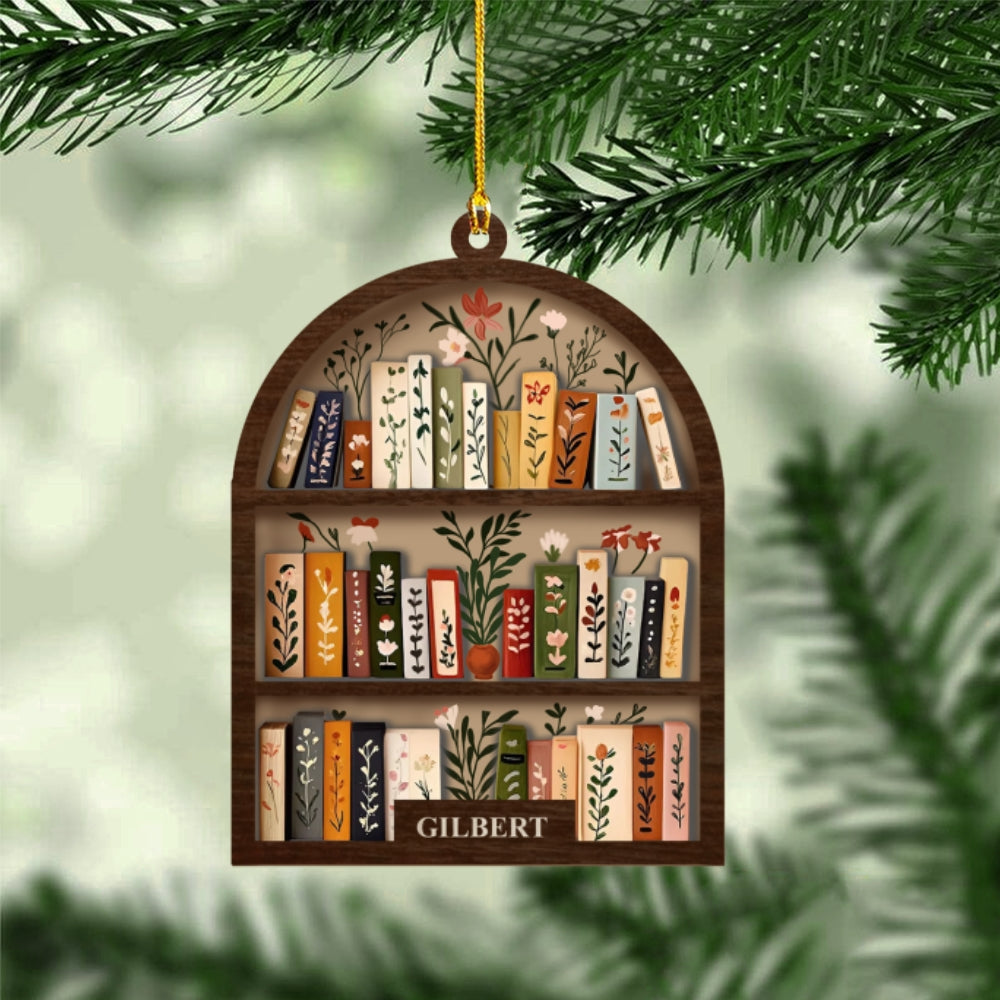 Custom Book Lover Ornament Wooden Bookshelf Decor - Personalized Name Christmas Gift for Reader Librarian Teacher