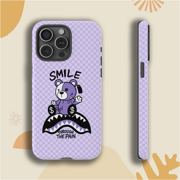 🧸 Smile Bear Phone Case – Blueberry Blue, Lilac Purple & Retro Khaki – Soft Matte Finish