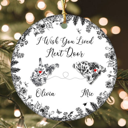 Custom Long-Distance State Ornament – Personalized Map Ornament with Names – Friendship or Family Christmas Gift
