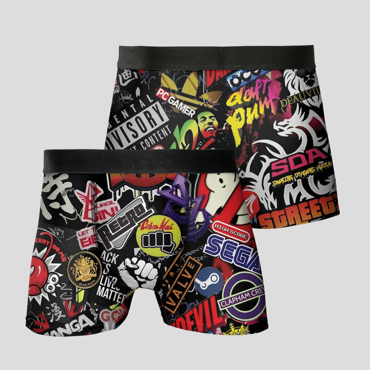 Graffiti Sticker Men's Boxer Briefs - Unique Design Men's Underwear With Streetwear Logo Pattern, Breathable Material, 4-Way Stretch, Soft Waistband That Doesn't Cause Pain