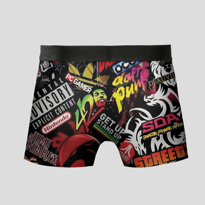 Graffiti Sticker Men's Boxer Briefs - Unique Design Men's Underwear With Streetwear Logo Pattern, Breathable Material, 4-Way Stretch, Soft Waistband That Doesn't Cause Pain