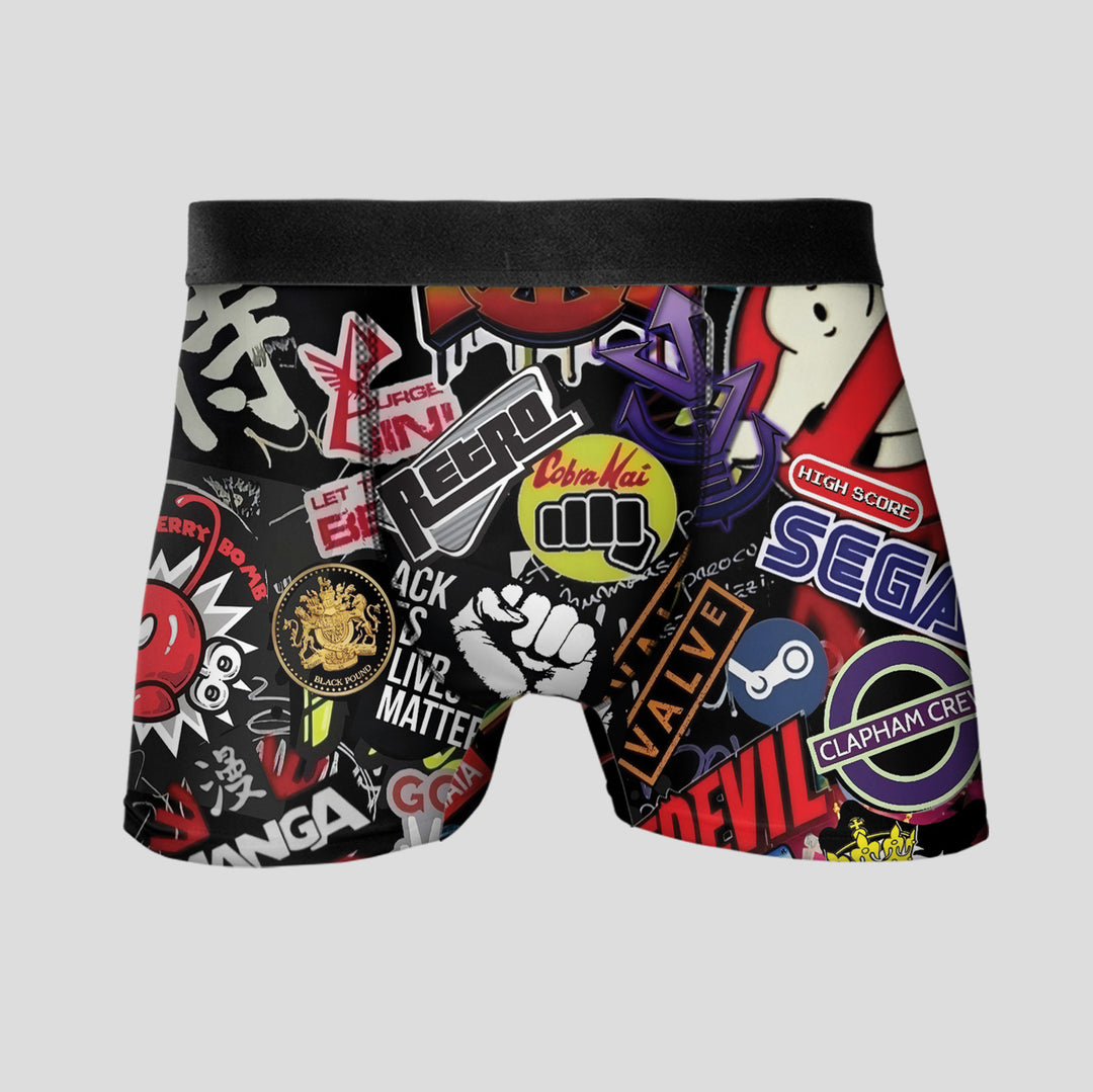 Graffiti Sticker Men's Boxer Briefs - Unique Design Men's Underwear With Streetwear Logo Pattern, Breathable Material, 4-Way Stretch, Soft Waistband That Doesn't Cause Pain