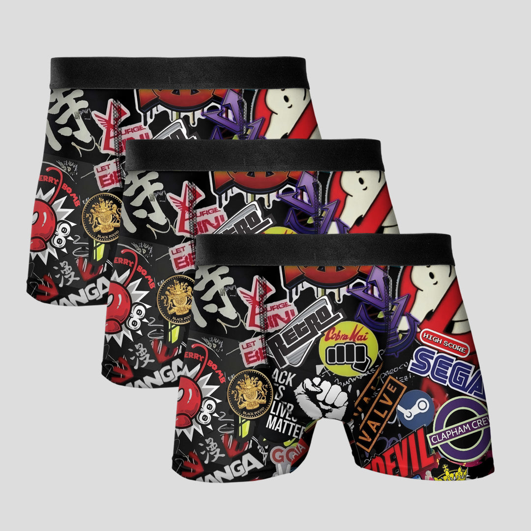 Graffiti Sticker Men's Boxer Briefs - Unique Design Men's Underwear With Streetwear Logo Pattern, Breathable Material, 4-Way Stretch, Soft Waistband That Doesn't Cause Pain