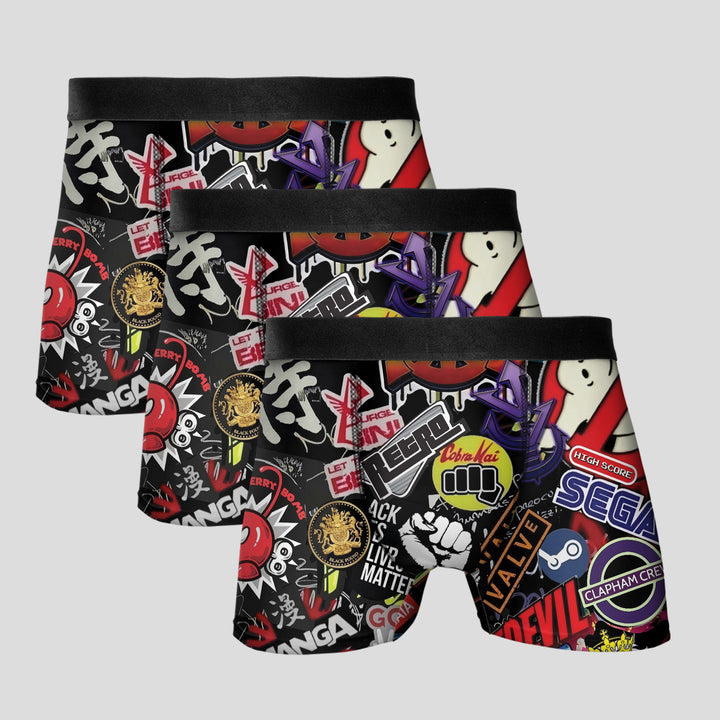 Graffiti Sticker Men's Boxer Briefs - Unique Design Men's Underwear With Streetwear Logo Pattern, Breathable Material, 4-Way Stretch, Soft Waistband That Doesn't Cause Pain