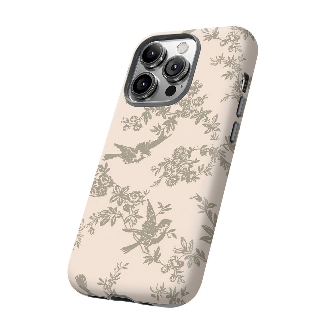 Vintage Bird & Floral Phone Case – Olive Green & Light Khaki