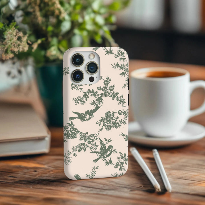 Vintage Bird & Floral Phone Case – Olive Green & Light Khaki