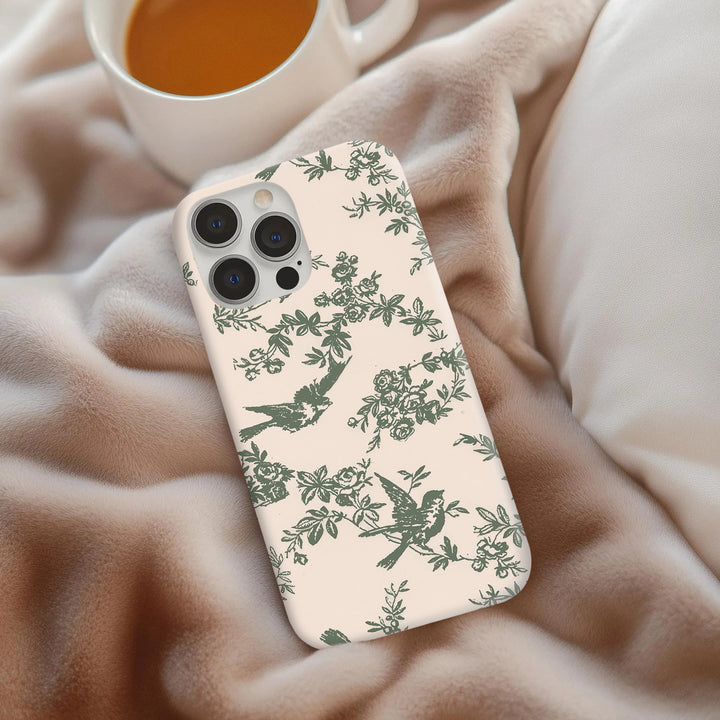 Vintage Bird & Floral Phone Case – Olive Green & Light Khaki