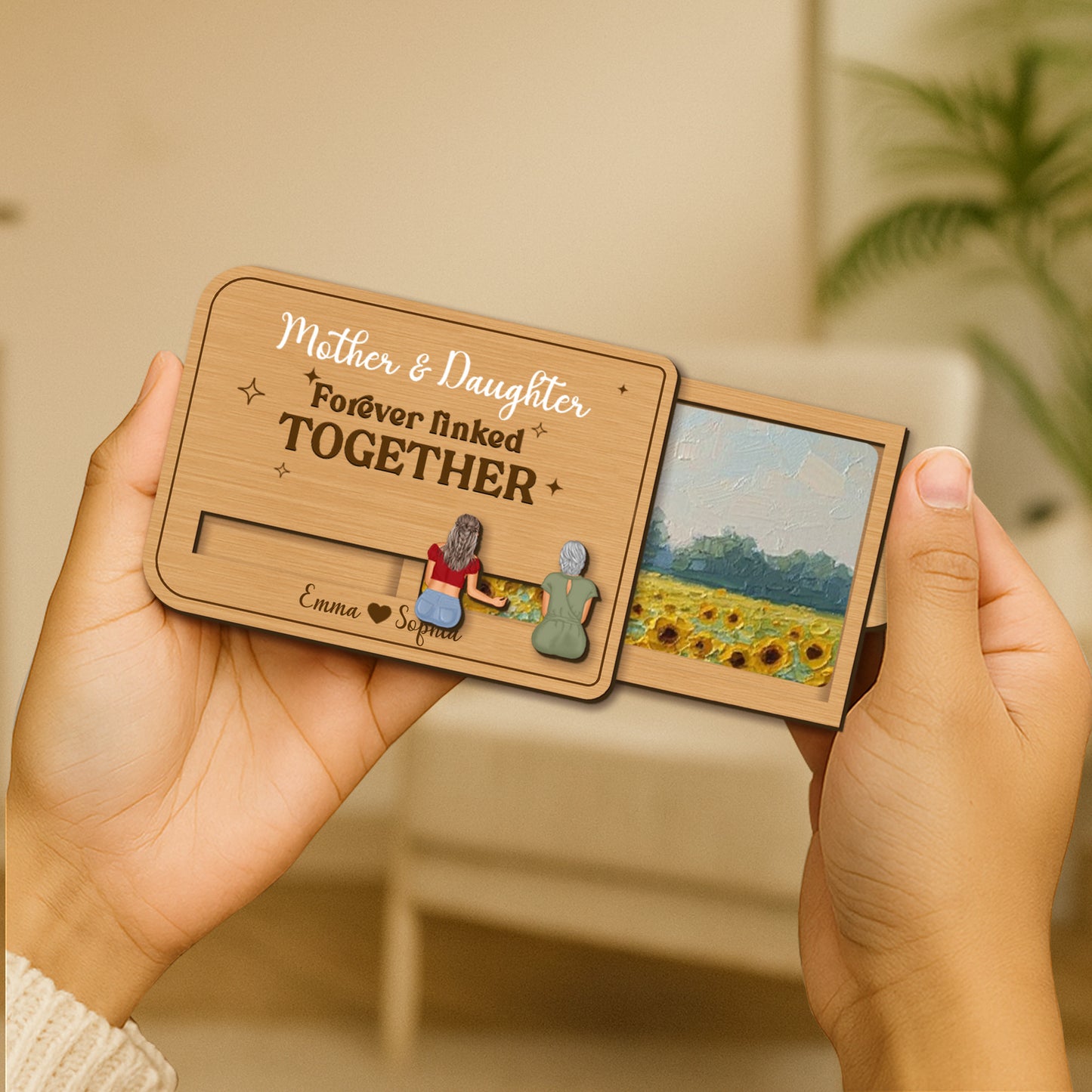 Custom Mother & Daughter Wooden Card – “Forever Linked Together” - Personalized Names & Art Background