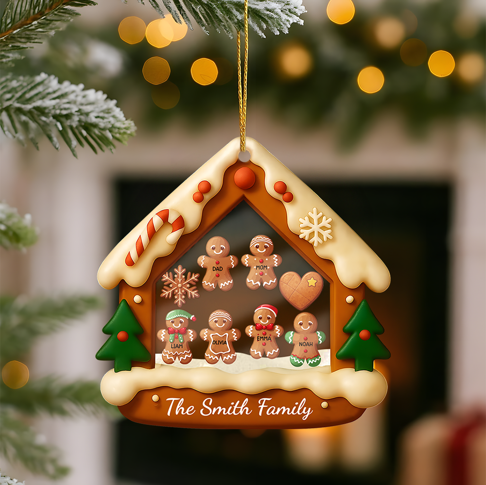 Custom Family Gingerbread House Ornament with Trees – Personalized Christmas Keepsake Acrylic Shaker Ornament